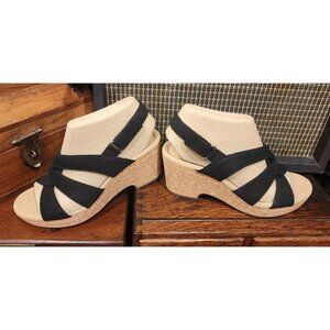 Clark's Giselle Beach Black Nubuck Strappy Cork Wedge Sandals Women’s US 8.5M